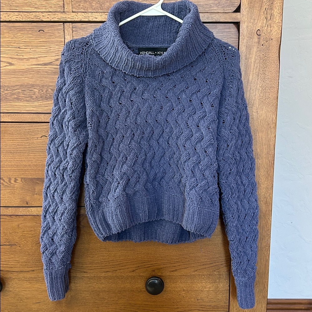 Kendall & Kylie Cable Knit Turtleneck Sweater - Blue